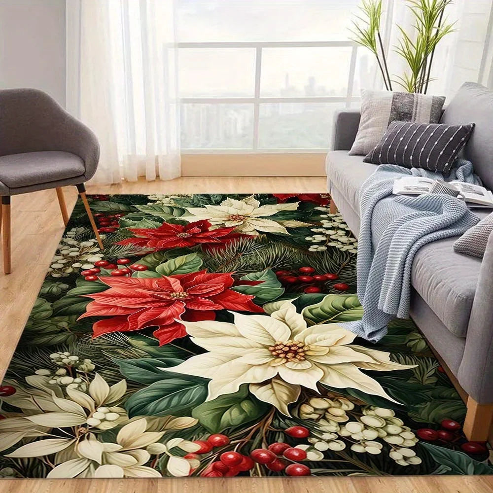 1pc Poinsettia Christmas Decorative Area Mat  Crystal Velvet,  Thick, Large Size  Vibrant Red & White Flo