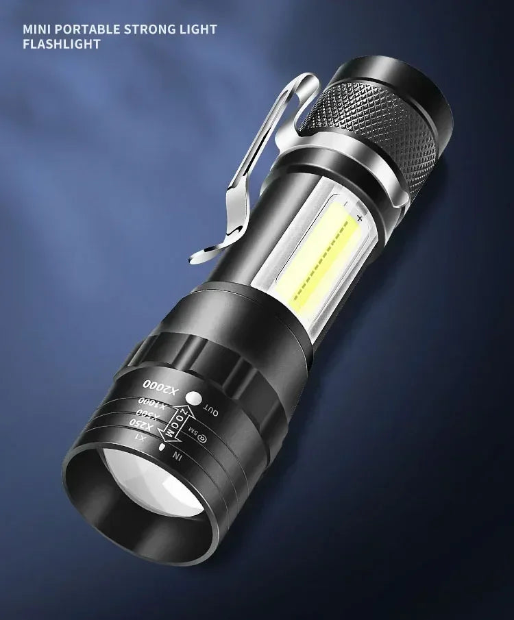 Mini LED Flashlight with Pen Clip Zoomable USB Rechargeable Portable Torch with Side Lights Outdoor Camping Emergency Lantern