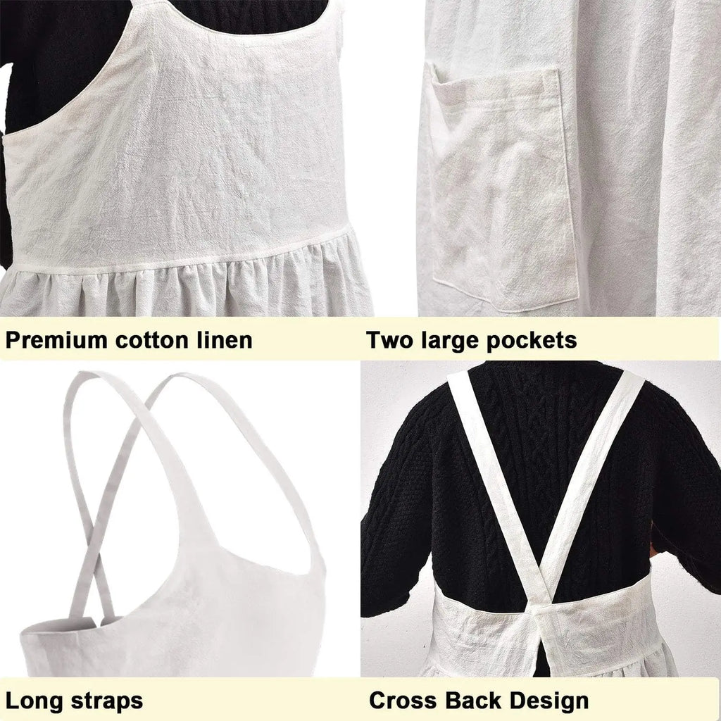 Cotton Linen Cross Back Apron for Women with Pockets - Breathable Chef Work Bib Apron for Kitchen Cooking & Gardening