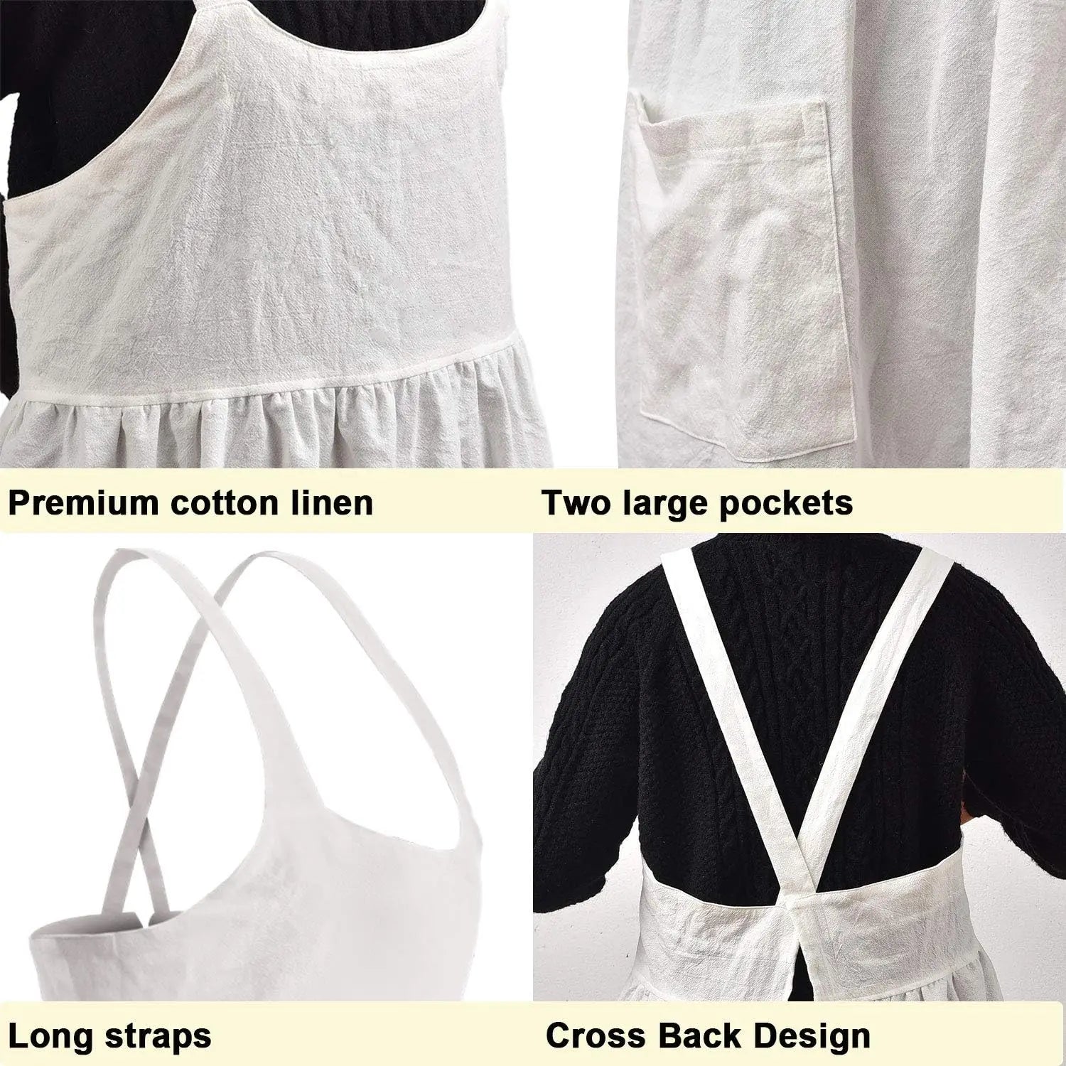 Cotton Linen Cross Back Apron for Women with Pockets - Breathable Chef Work Bib Apron for Kitchen Cooking & Gardening