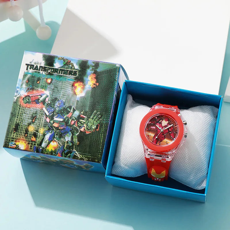 Cartoon Mickey Flash Light Girls Watches with Box Silicone Strap Spiderman Children Watches Kids Student Clock reloj infantil