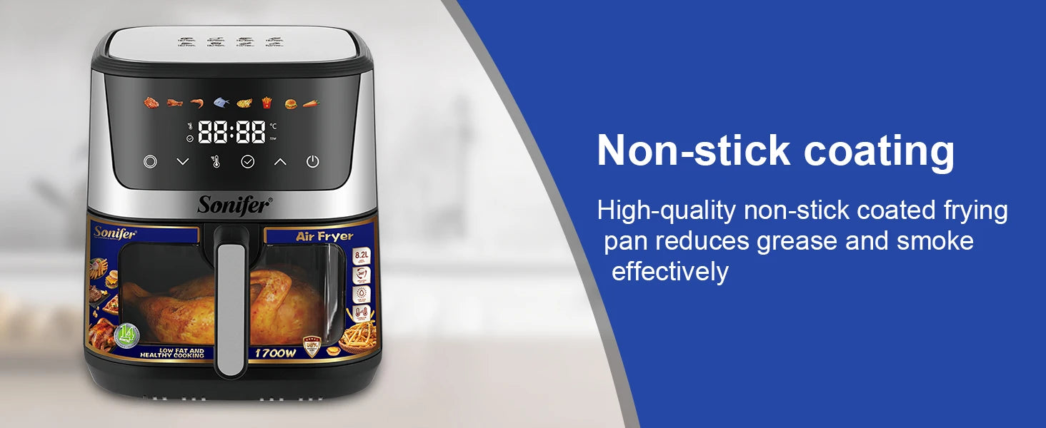 8.5L Air Fryer –LED Display & Touch Control, Large Size, Visible Window, Adjustable Temperature, Auto Shut-Off, 1700W