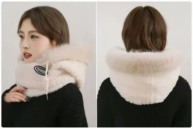 Autumn and Winter Women Thermal Plush Hat Hood Scarf and Mask Ear Protection Windproof Thick Design for Riding Outdoor