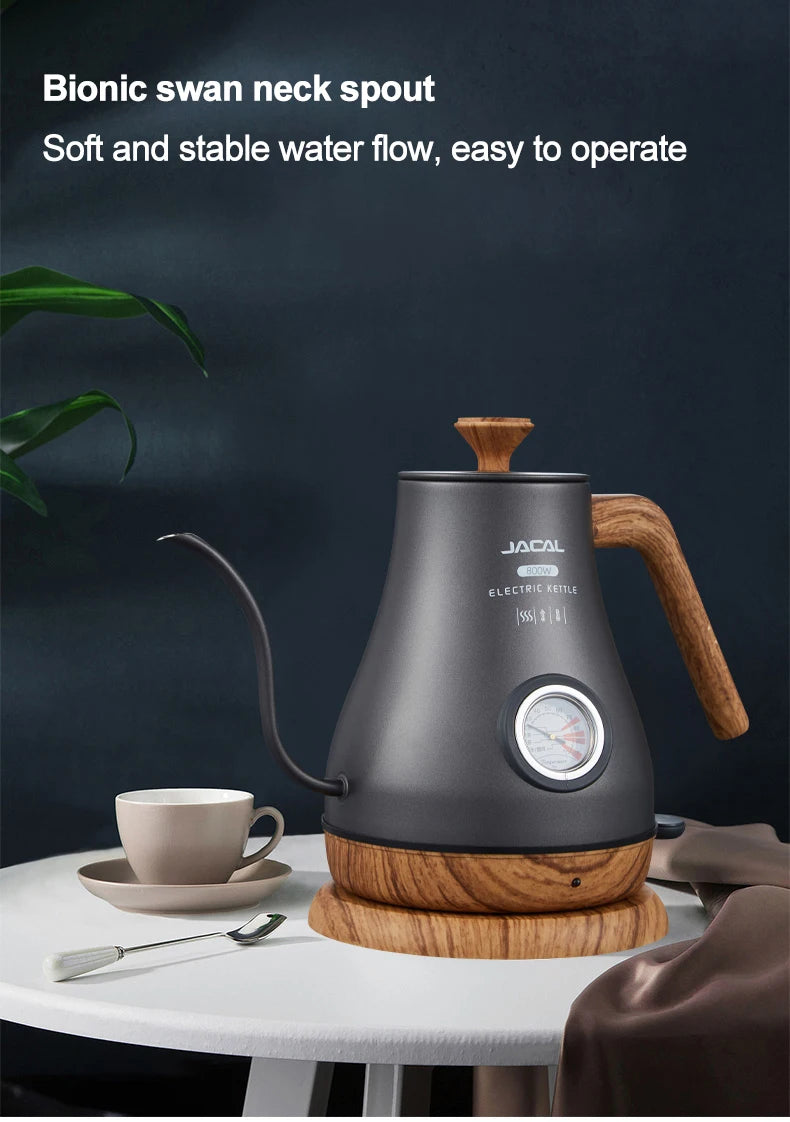 1.0L Electric Kettle Retro Gooseneck Hand Brewed Coffee Pot Slender Mouth Teapot Stainless Steel Liner Kettle with thermometer