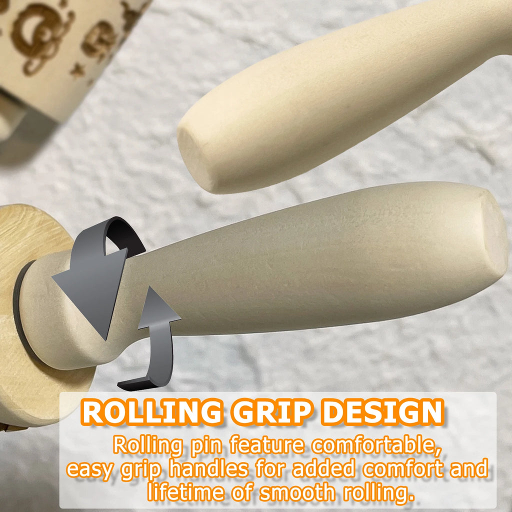 Wooden Rolling Pin for Christmas, 3D DIY Engraved Embossing Rolling Pins with Xmas Reindeer Flower Pattern, for Baking Cookies