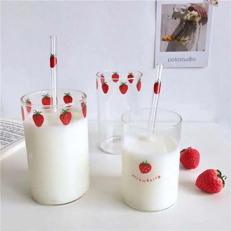 300 ML High Borosilicate Nana Cute Strawberry Water Milk Drinking Glasses Cup with Straw Upgrade Thickened Version Gift
