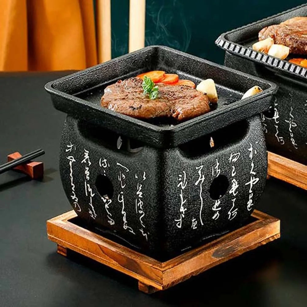Japanese Style Charcoal Stove with Grill Net Carbon Stove Portable Charcoal Grill Square Wooden Board Mini Square Text Stove