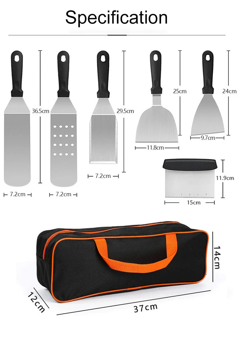 Onilini Griddle Accessories Kit BBQ Tools 6 Pieces Set Stainless Steel Spatulas with Carry Bag Scraper for Outdoor Barbecue