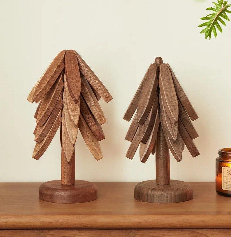 Wooden Tree Trivet & Star Coaster Set, Foldable Heat Resistant Pot Holders, Walnut Wood Table Trivet for Hot Dishes, Pots, Cups