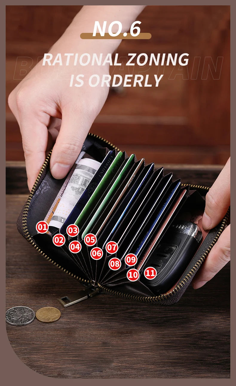 BULLCAPTAIN Genuine Card Bag Men's Casual Business Credit Card Holder Multifunctional RFID Anti-Theft 11 Card Slots Coin Purse