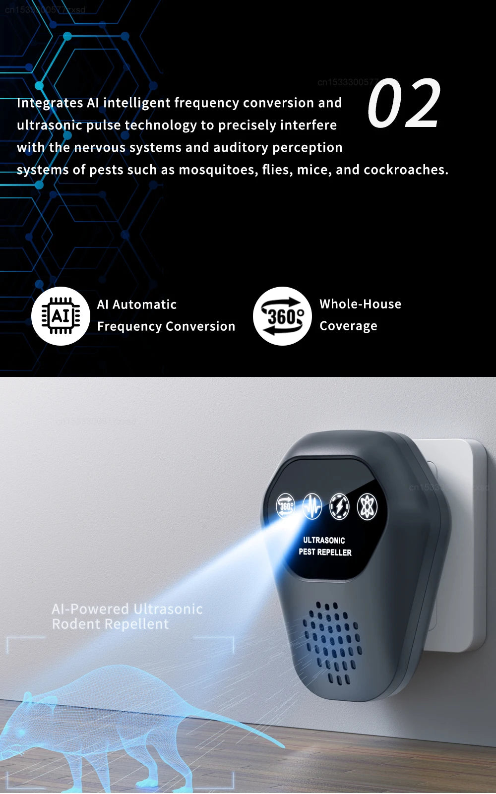 Ultrasonic Mosquito Repeller Rat Repeller Intelligent High-power Warehous Kitchen Variable Frequency Cockroach Pest Repeller New