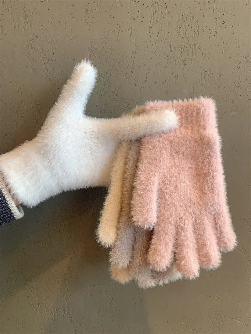 Fashion Winter Mink Velvet Five Finger Gloves Plush Warm Cold-proof Gloves Women Outdoors Cycling Solid Color Wistiti Mittens