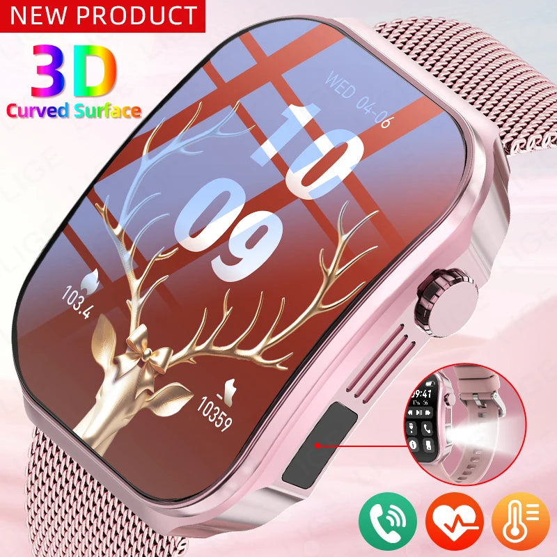 3D Curved Screen Smart Watch 2.2" Large HD Display Bluetooth Call Waterproof Flashlight Outdoor Sport Smartwatch Women 2026 New