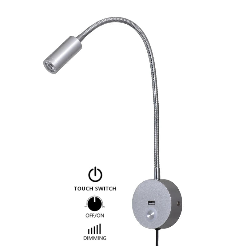 Tokili LED Golden Wall Lamp w/ USB Charger & Touch Dimmer - Bendable Gooseneck Bed Headboard Spotlight Sconce for Reading Lights
