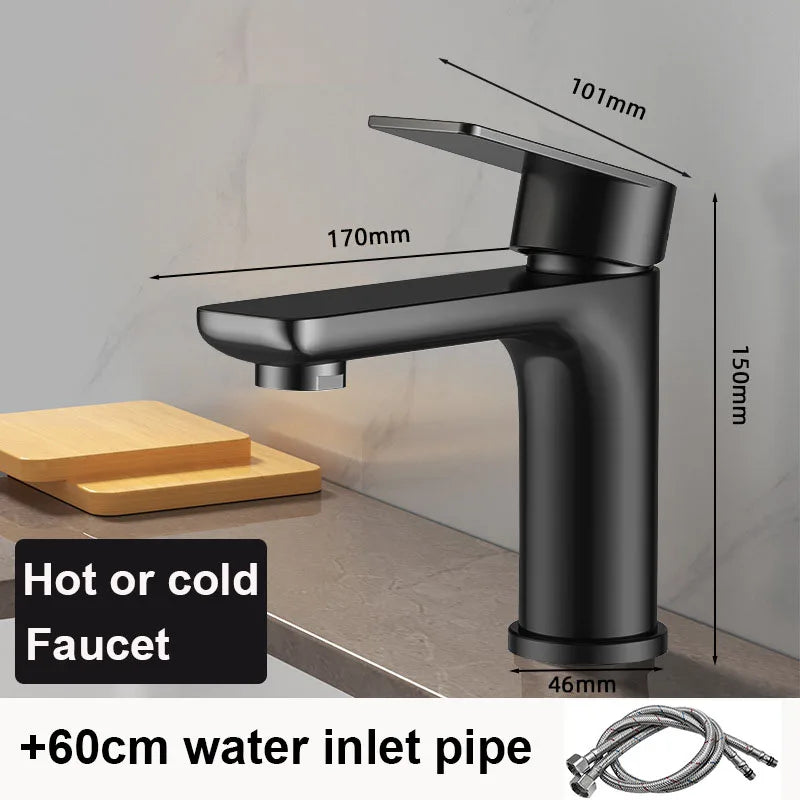 Black Basin Faucet Thickened Stainless Steel Bathroom Hot and Cold Mixer Faucets Vanity Bathroom Sink Faucets