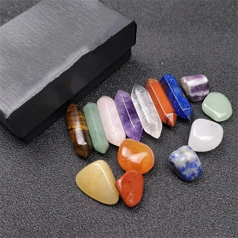 14pcs Natural Stone Chakra Crystal Column Set Color DIY Necklace Jewelry Display Decoration Suitable for Yoga Meditation Gifts