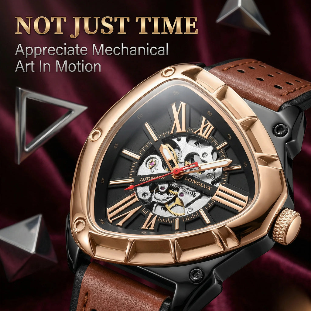 Men automatic watch explore outdoors style mechanical watches retro triangle skeleton leather waterproof luminous mens watch