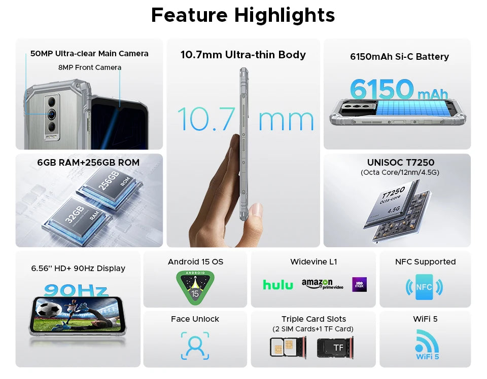 DOOGEE Blade10 Pro Energy Rugged Phone 32GB 256GB 6.56” HD+ Screen 6150mAh Large Battery 50MP AI Camera Android 15 NFC