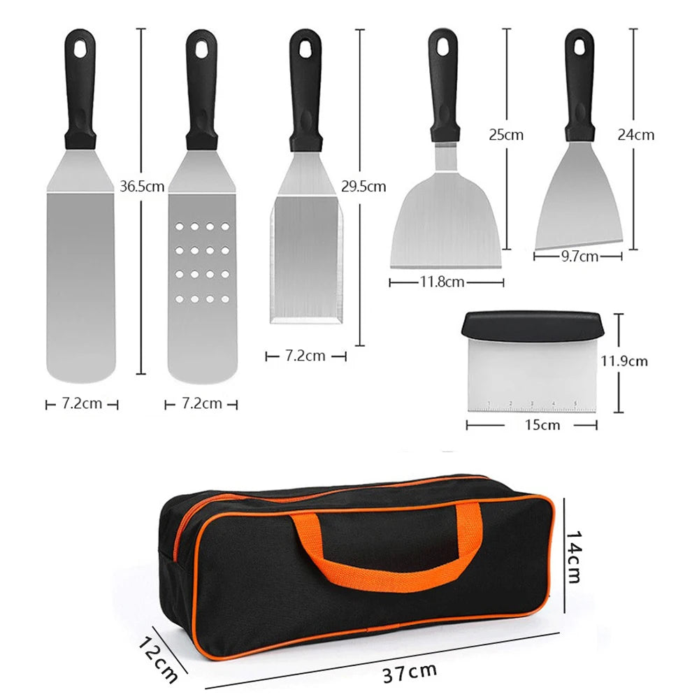 Onilini Griddle Accessories Kit BBQ Tools 6 Pieces Set Stainless Steel Spatulas with Carry Bag Scraper for Outdoor Barbecue