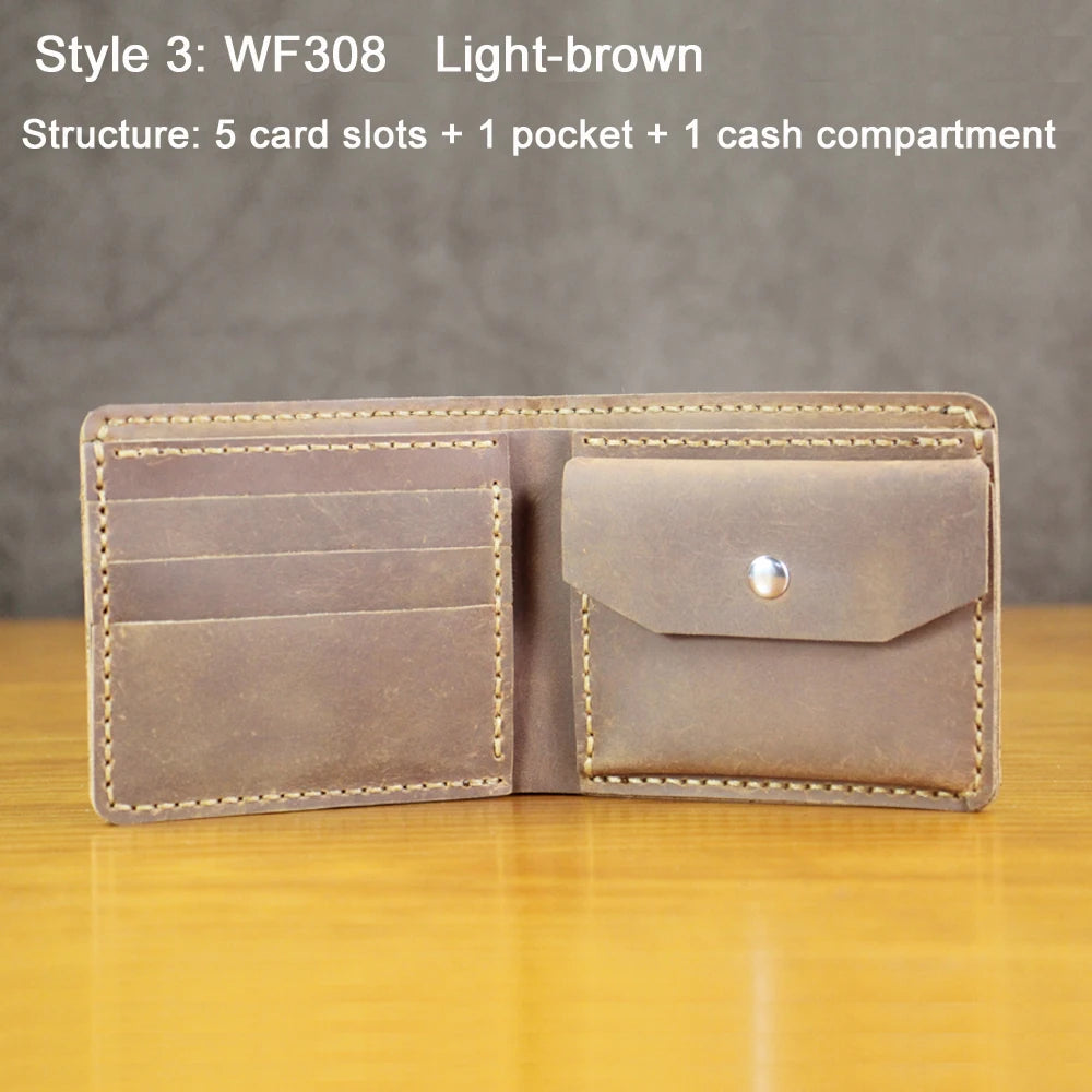 Luxury Handmade Genuine Leather Men Wallet Bifold Purse Male Wallets Short Money Clip Vintage Leather Money Bag with zip pocket