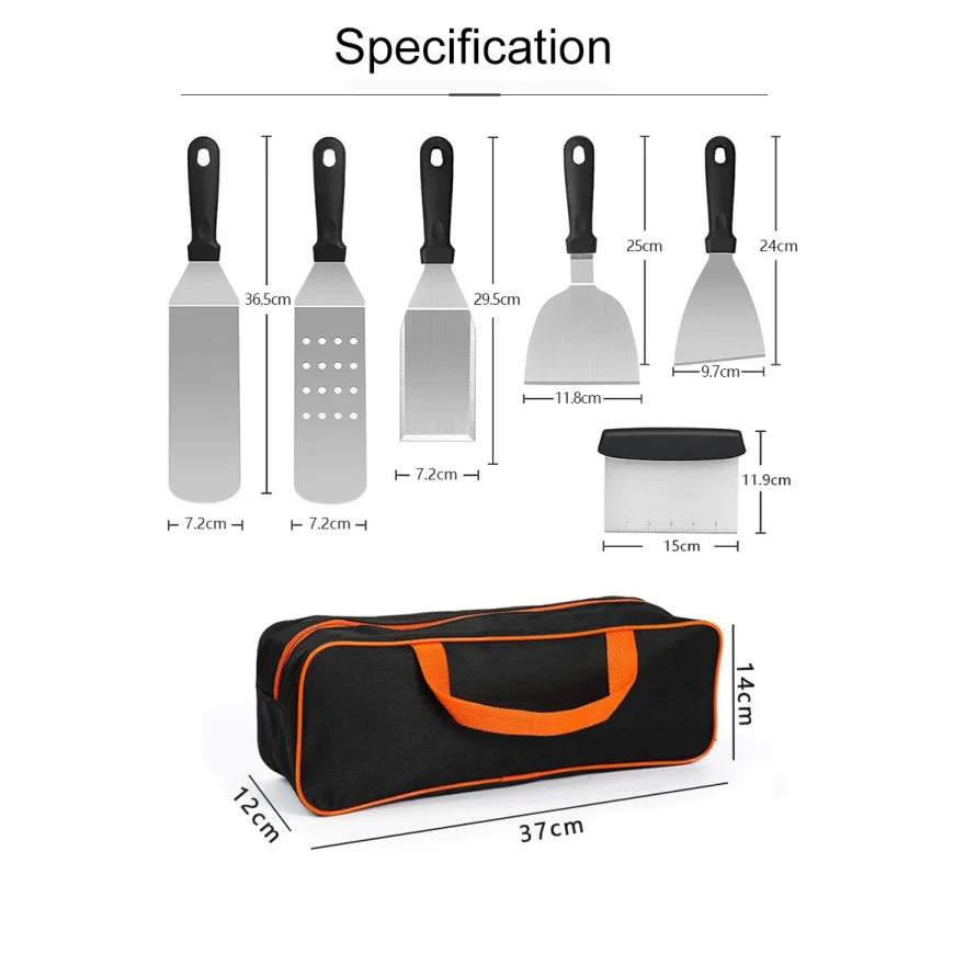 Onilini Griddle Accessories Kit BBQ Tools 6 Pieces Set Stainless Steel Spatulas with Carry Bag Scraper for Outdoor Barbecue