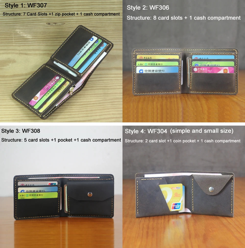 Luxury Handmade Genuine Leather Men Wallet Bifold Purse Male Wallets Short Money Clip Vintage Leather Money Bag with zip pocket
