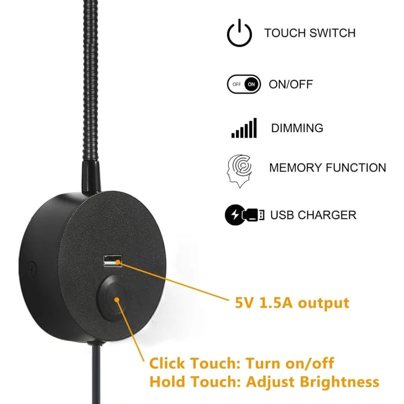 Tokili LED Golden Wall Lamp w/ USB Charger & Touch Dimmer - Bendable Gooseneck Bed Headboard Spotlight Sconce for Reading Lights