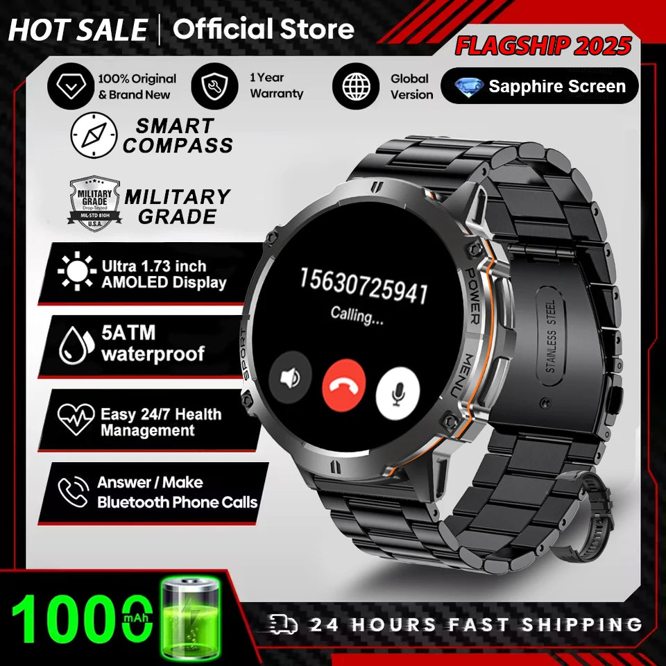 2026 Newly upgraded GPS Military Sports Smart Watch 1000mAh 1.7-inch AMOLED Compass Altimeter Call 10ATM Waterproof Sports Watch