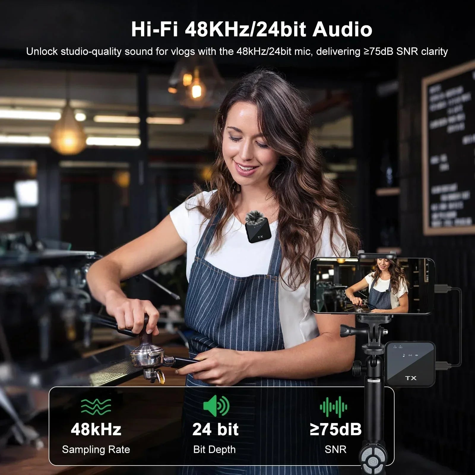3in1 Microphone for iPhone/Android, Wireless, 328ft Transmission, Mini Microphone for Record Interview