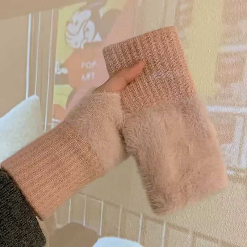 Women's Warm Plush Half-Finger Gloves for Autumn Winter Multi-Functional Cute Office Wear Cold-Resistant Fingerless Mittens