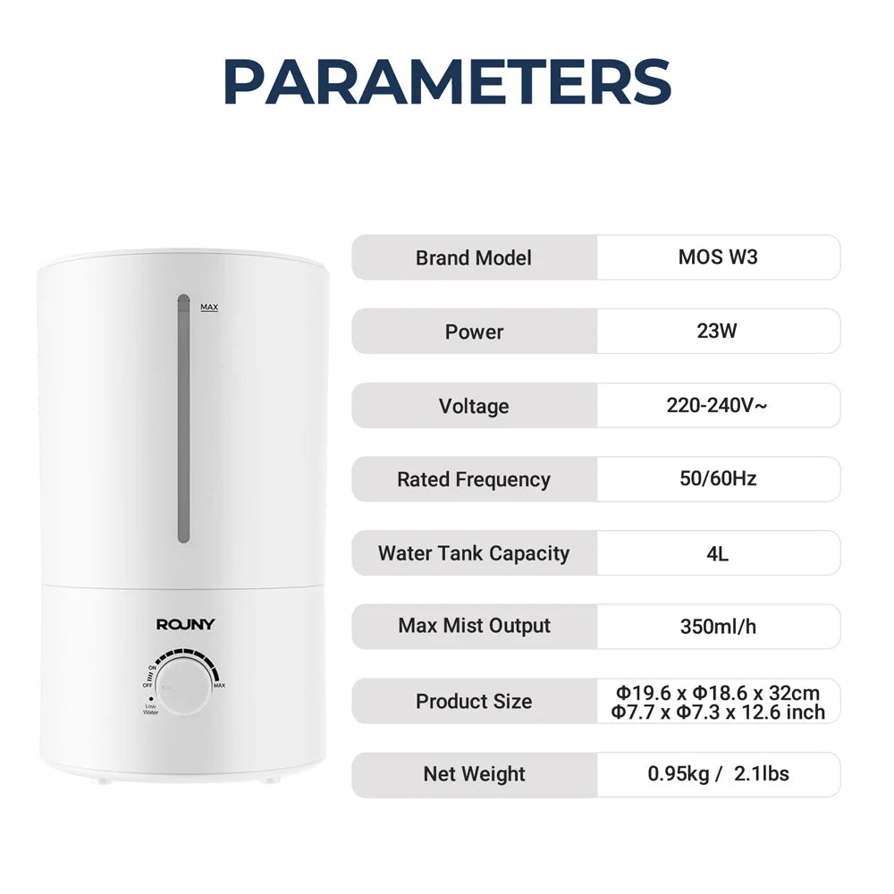 ROUNY Air Humidifier, 4L Large Capacity Ultrasonic Humidifier with Low Water Protection, 360° & Quiet & BPA-Free, White