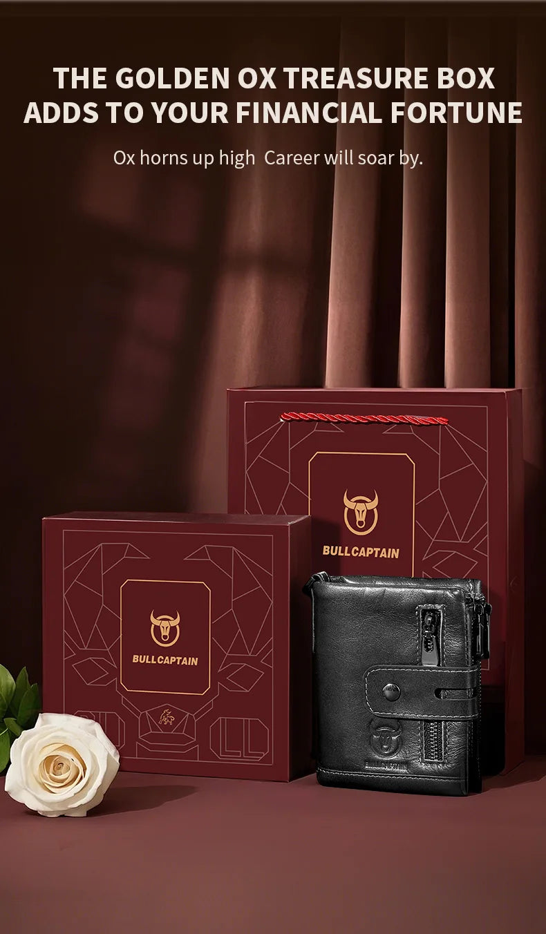 Bullcaptain Genuine Leather Men's Wallet Fashion Quality Travel Purse Rfid Protect Credit Card Holder Wollst for Men with Chain