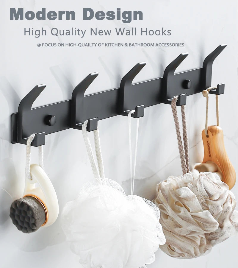 Modern Hanging Hooks For Wall Aluminium Black Towel Holder Bathroom Door Clothe Hanger Coat Rack Wall Mounted
