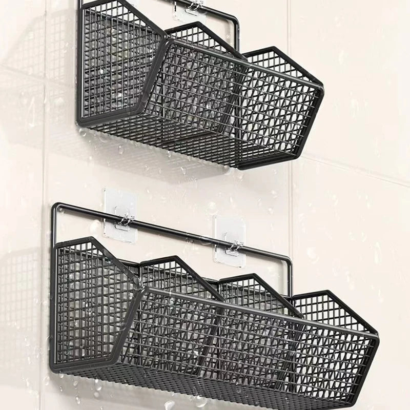 AOBT Wall-Mounted Green Onion Ginger Garlic Storage Rack Punch-Free Kitchen Multi-Functional Basket Organizer for Spices Herbs