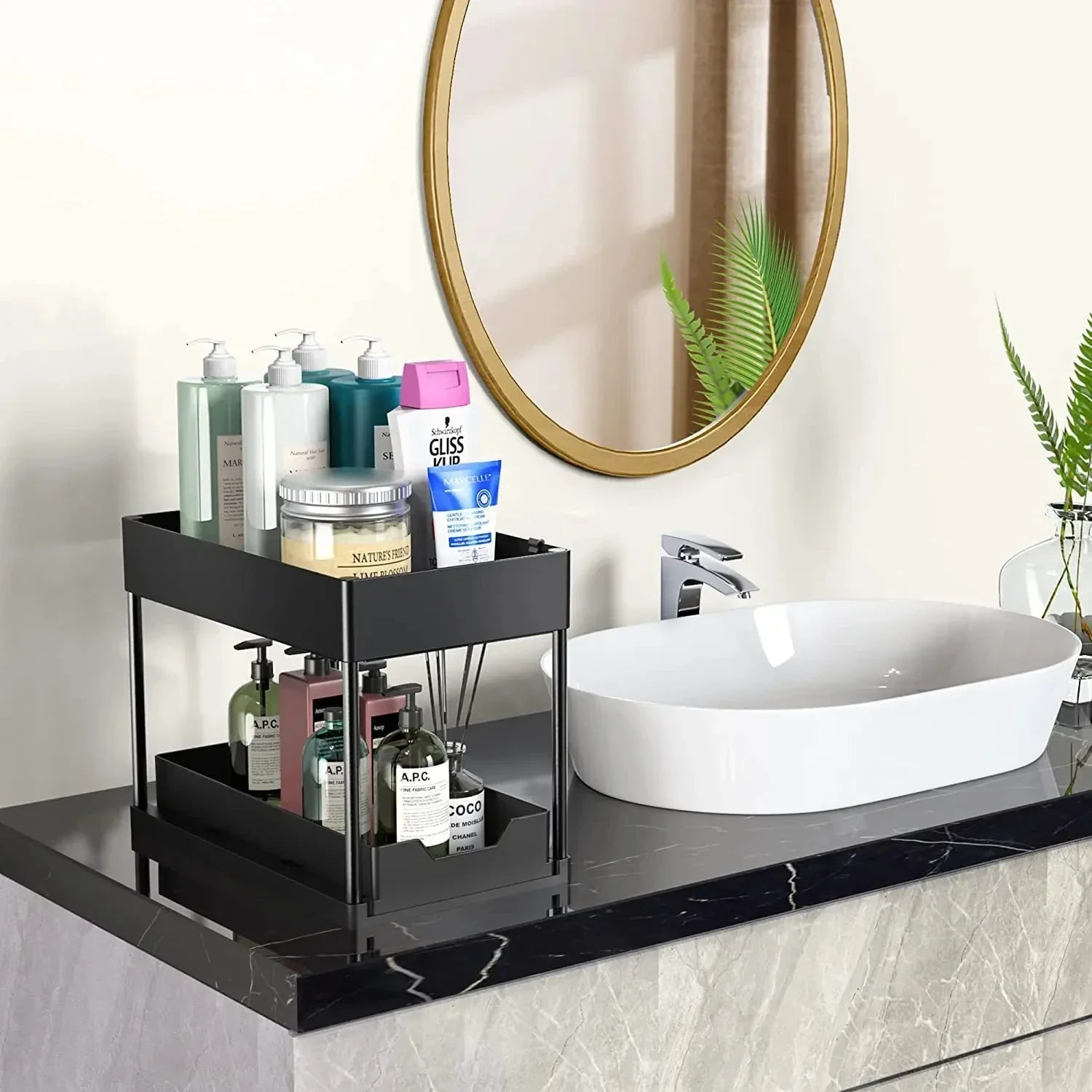 2 Tier Under Sink Sliding Cabinet Basket Organizer Storage Rack with Hooks Hanging Cup Bathroom Multifunctional Storage Rack