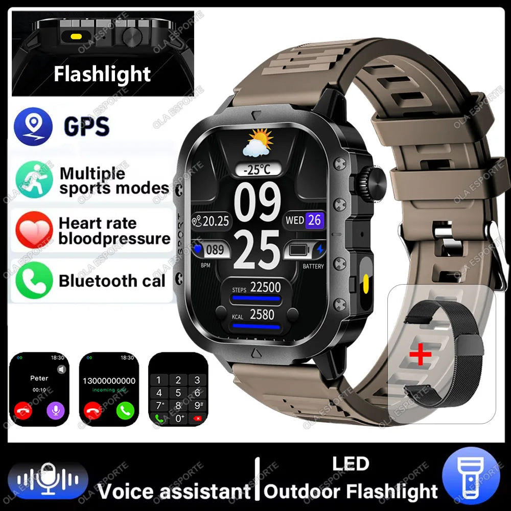 2026 New Military-grade Smart Watch Men GPS Flashlight 3ATM Waterproof Watch Bluetooth Call 100+Sport Outdoor Smartwatch Pk MA27