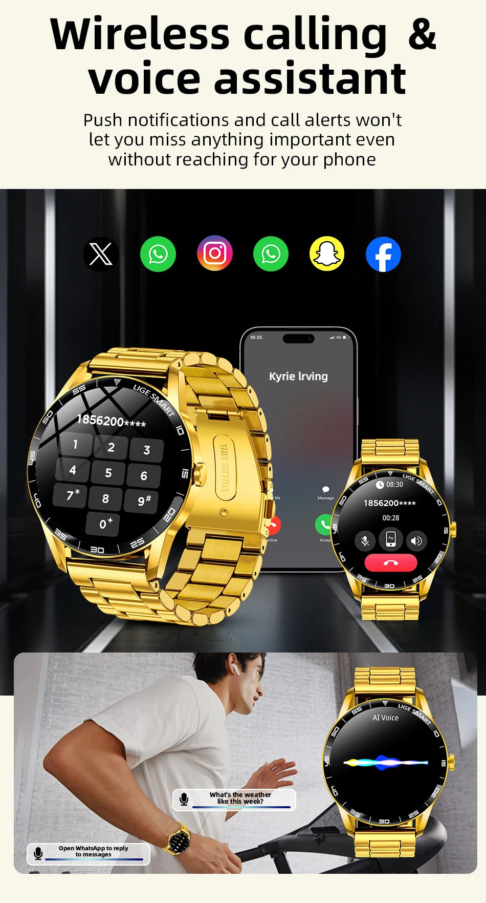 LIGE Smart Watch Men 2026 Full Touch Screen New Heart Rate Monitor IP68 Waterproof Sport Fitness Watch Bluetooth Call Smartwatch
