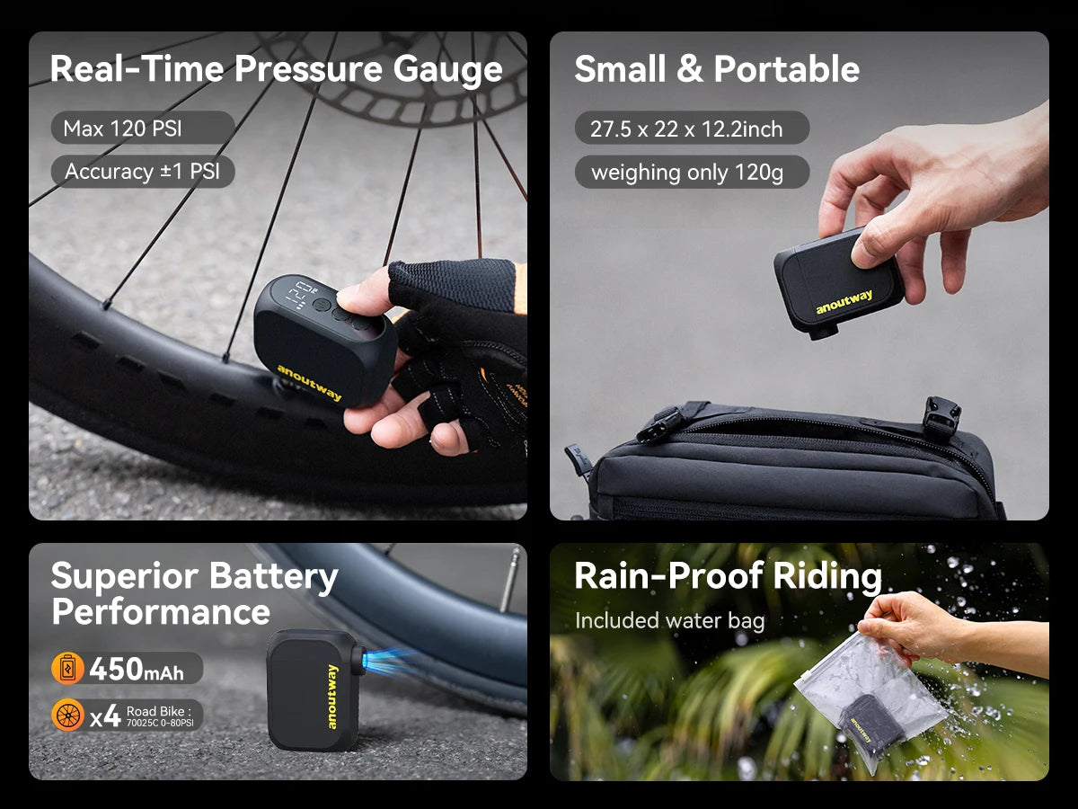 anoutway AT1 Pro Mini Electric pump for Bike Cordless Tire Inflator with Screen 25 Mins Fast Charging 120PSI Max 450mAh Battery