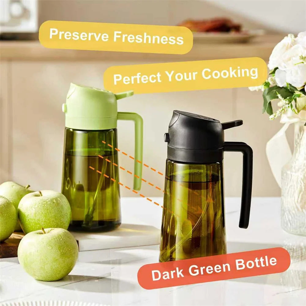 Olive Oil Dispenser,Sprayer for Cooking 2 in 1- Spray and Pour,Dark Green Glass Oil Bottlewith Stickers,16oz/470ml Oil Sprayer