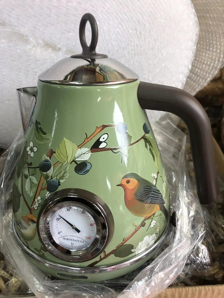Automatic Power Off Retro Green Paint Decal Electrc Kettle Boiling Water with Thermometer 304stainless Steel 1850w 1.7L