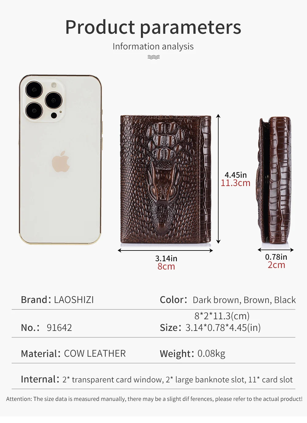 100%Leather men's wallet, leather short multi card bag, leather men's wallet, crocodile patterned wallet