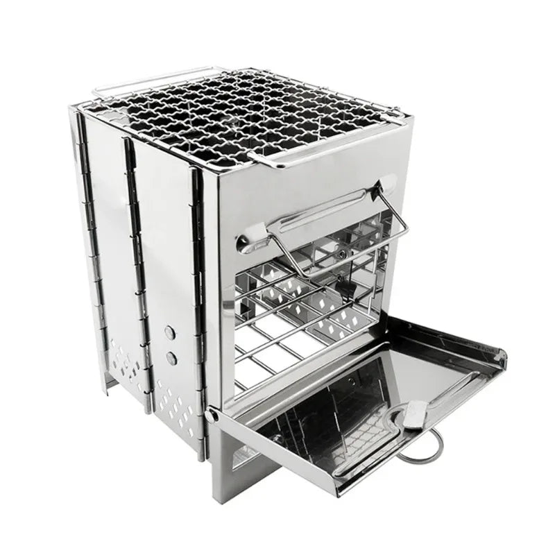 Square Wood Burning Camping Stove Outdoor Survival BBQ Mini Grill BBQ Outdoor Camping Firewood Folding BBQ Picnic Stove