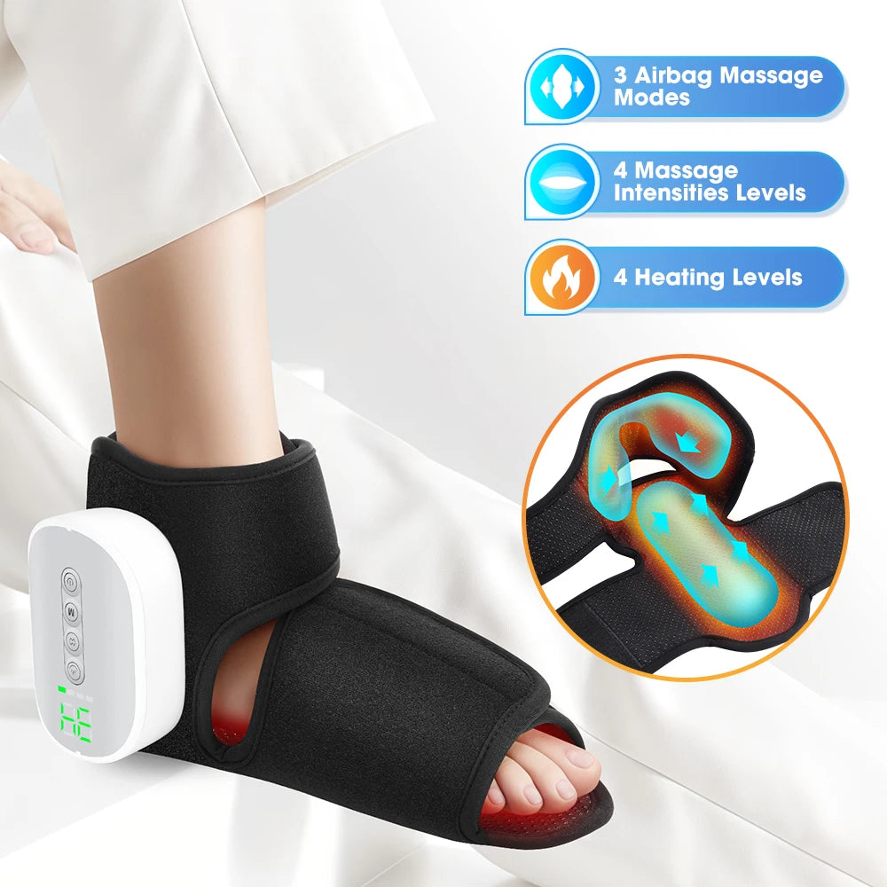 Ankle Air Compression Massager Heated Foot Wrap Support 3 Modes 4 Levels Thermal Sleeve Cordless Rechargeable Brace