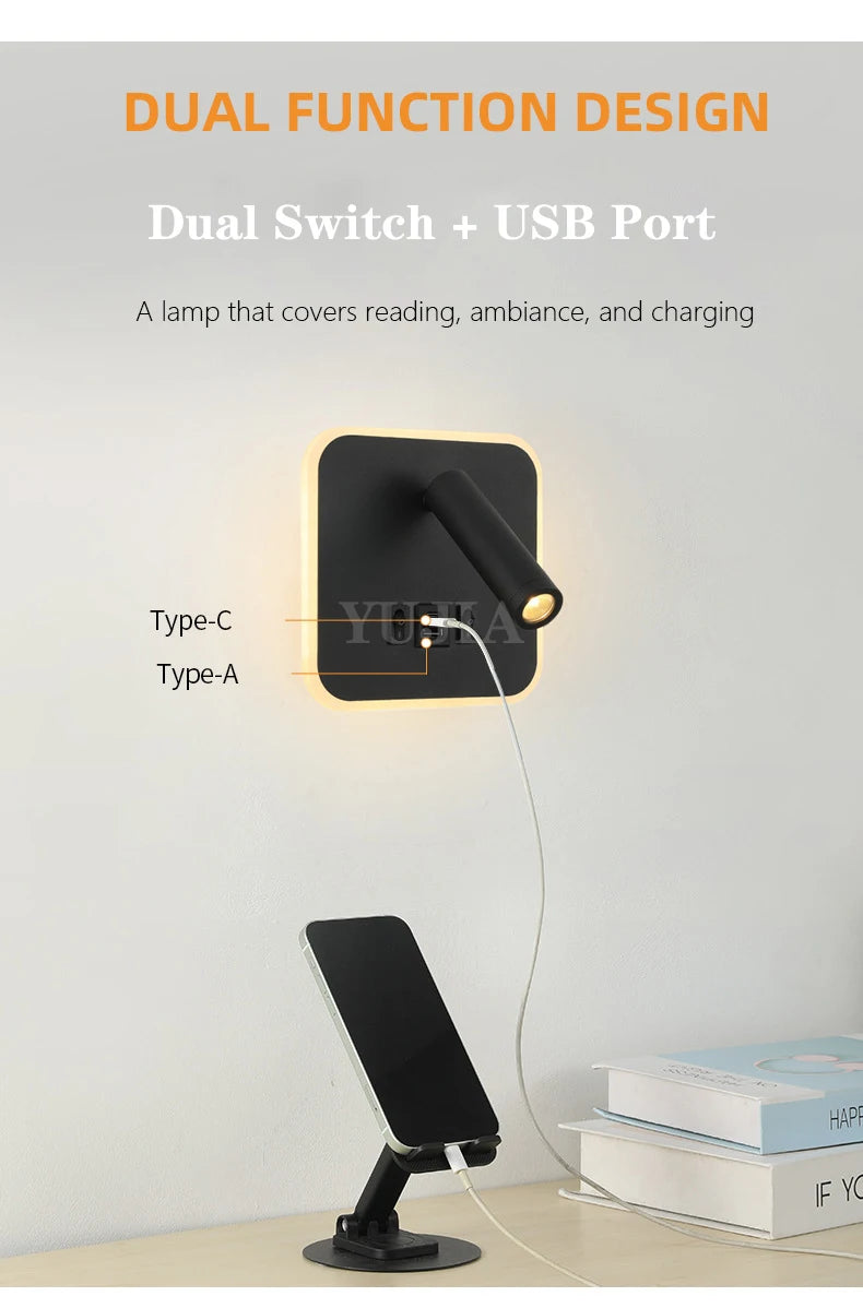Contemporary Multifunctional LED Wall Sconce with Switch Modern Adjustable Reading Lamp USB Charging Ports for Bedrooms Offices