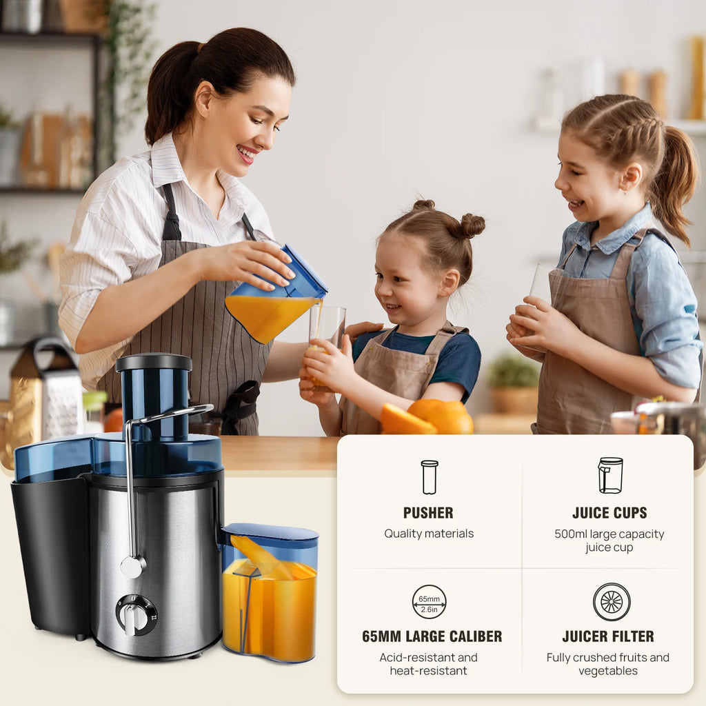 Stainless Steel Juicer Machine Fruit Vegetable Extractor 2 Speed Control Electric Juice Maker with 65mm Wide Feed Chute Easy Cleaning Detachable Parts for Home Kitchen Fresh Juice Orange Apple Carrot Celery