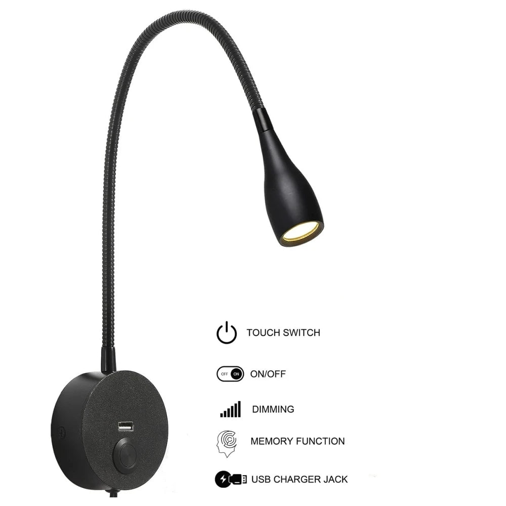 Tokili LED Golden Wall Lamp w/ USB Charger & Touch Dimmer - Bendable Gooseneck Bed Headboard Spotlight Sconce for Reading Lights