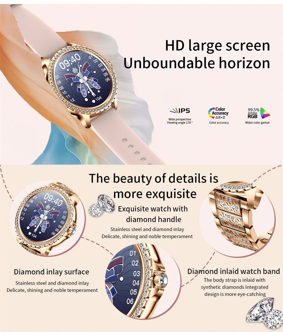 2026 New Fashion Women Diamond Watch 1.32 inch 360*360 HD Display Heart Rate Blood Oxygen Monitoring Bluetooth Call Smartwatch