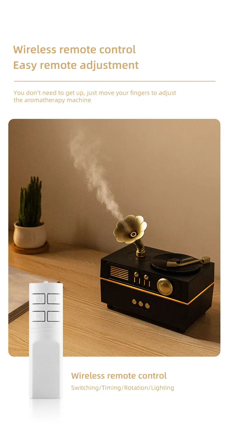 5V Retro Phonograph Bluetooth Speaker Humidifier Ultrasonic Aroma Diffuser Rotating Colorful Light Remote Essential Oil Atomizer