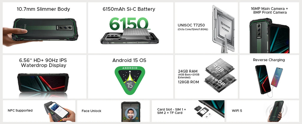 DOOGEE Blade10 Energy Rugged Phone Ultra-thin 6.5'' Screen 6150mAh Battery 24GB RAM(4GB+20GB) 128GB ROM Android 15 Smartphone
