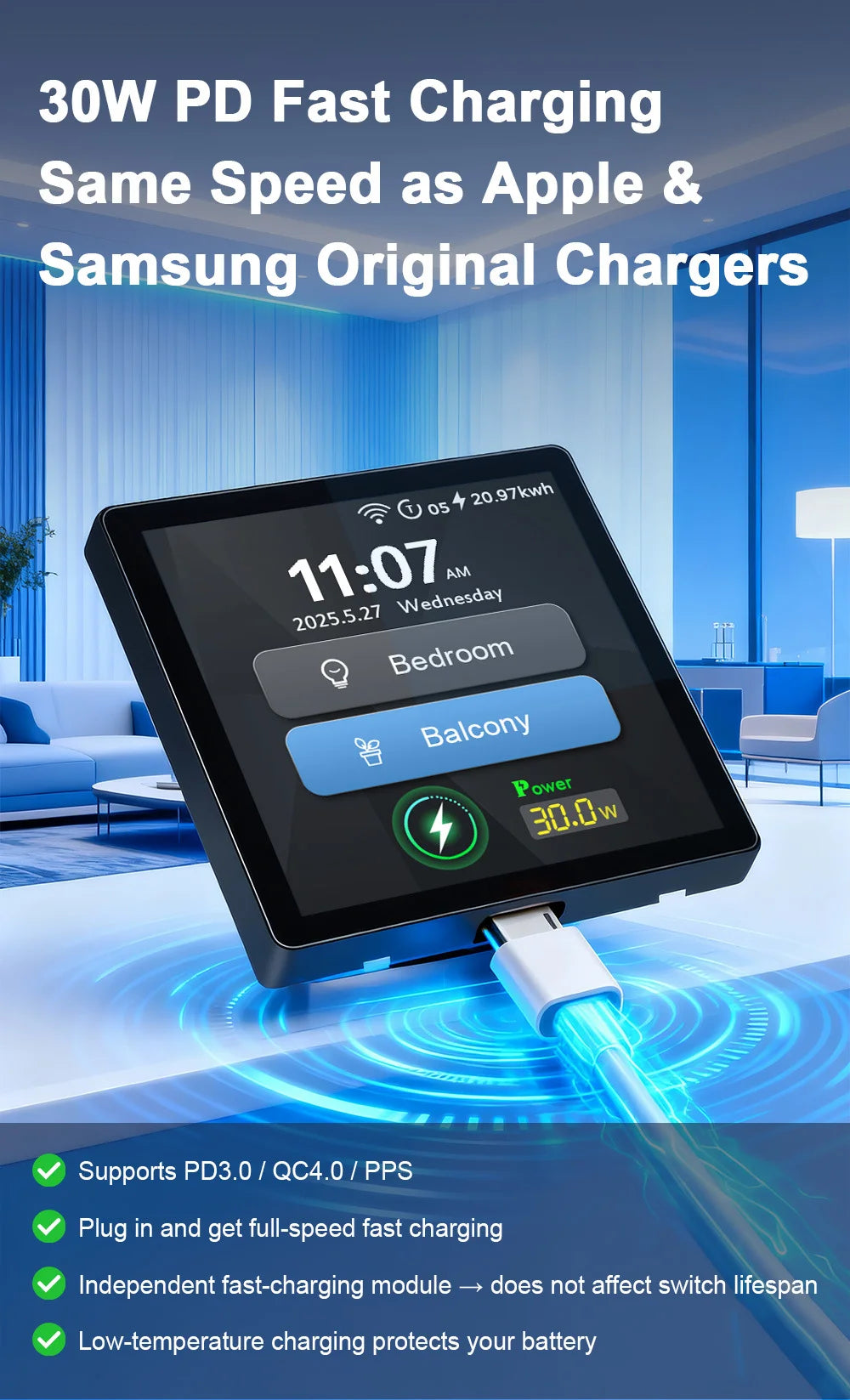 Tuya Smart Home 4-Inch Touch Screen Dual Control Switch 30w Fast Charging Intelligent Control Rechargeable Intelligent Switch